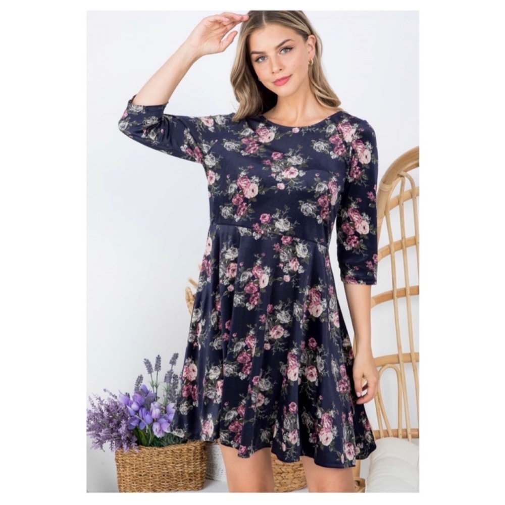 3 total- Navy Floral Velvet Cute Women's Dress - Picture 2 of 7
